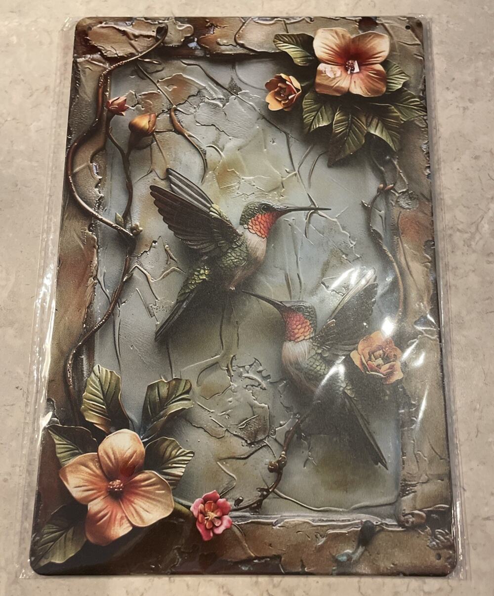 Hummingbird Hibiscus Rustic Flat Tin Metal Signs Home Porch Decor 7.75x11.75”